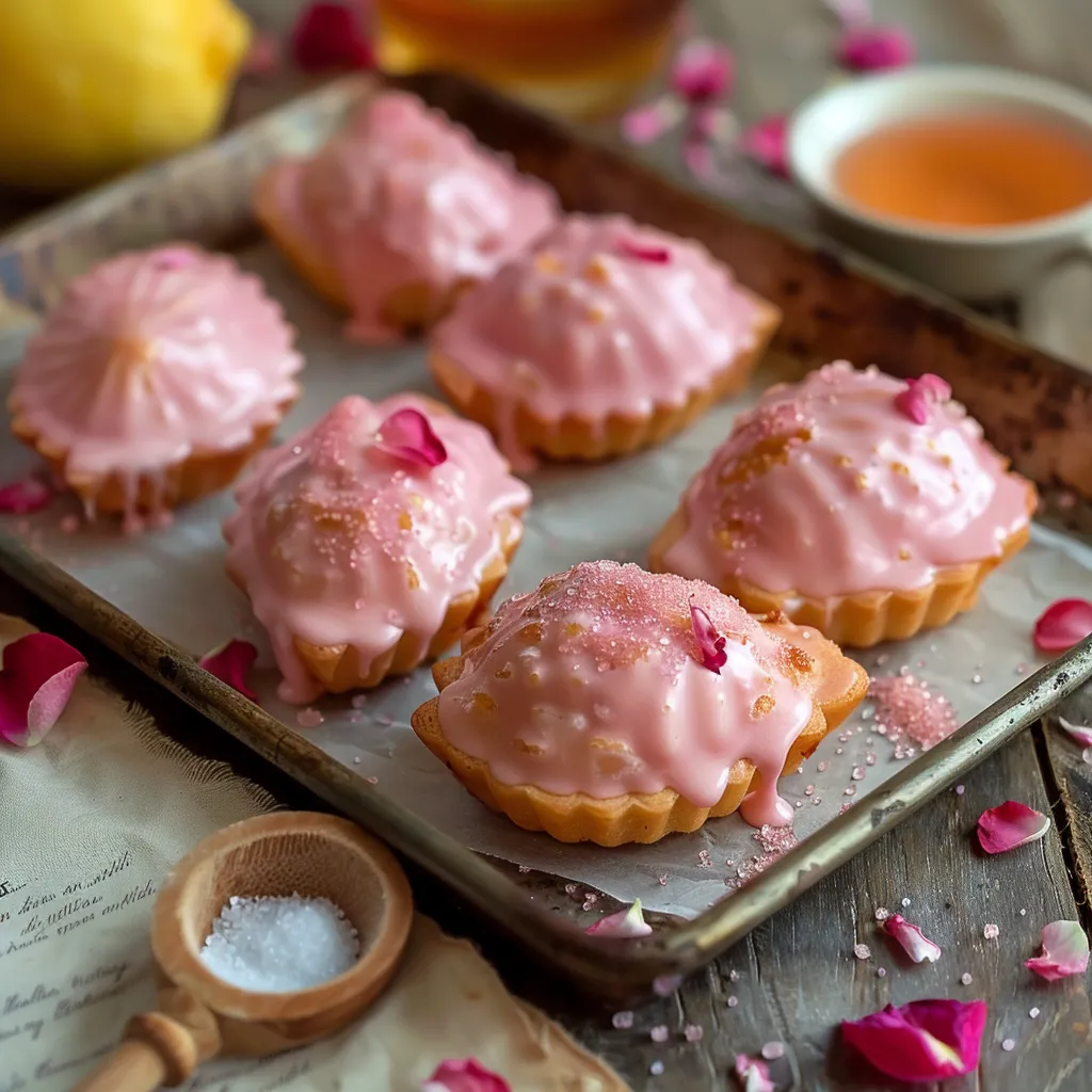 Madeleines moelleuses au subtil parfum de rose, recouvertes d'un glaçage rosé et décorées de pétales séchés