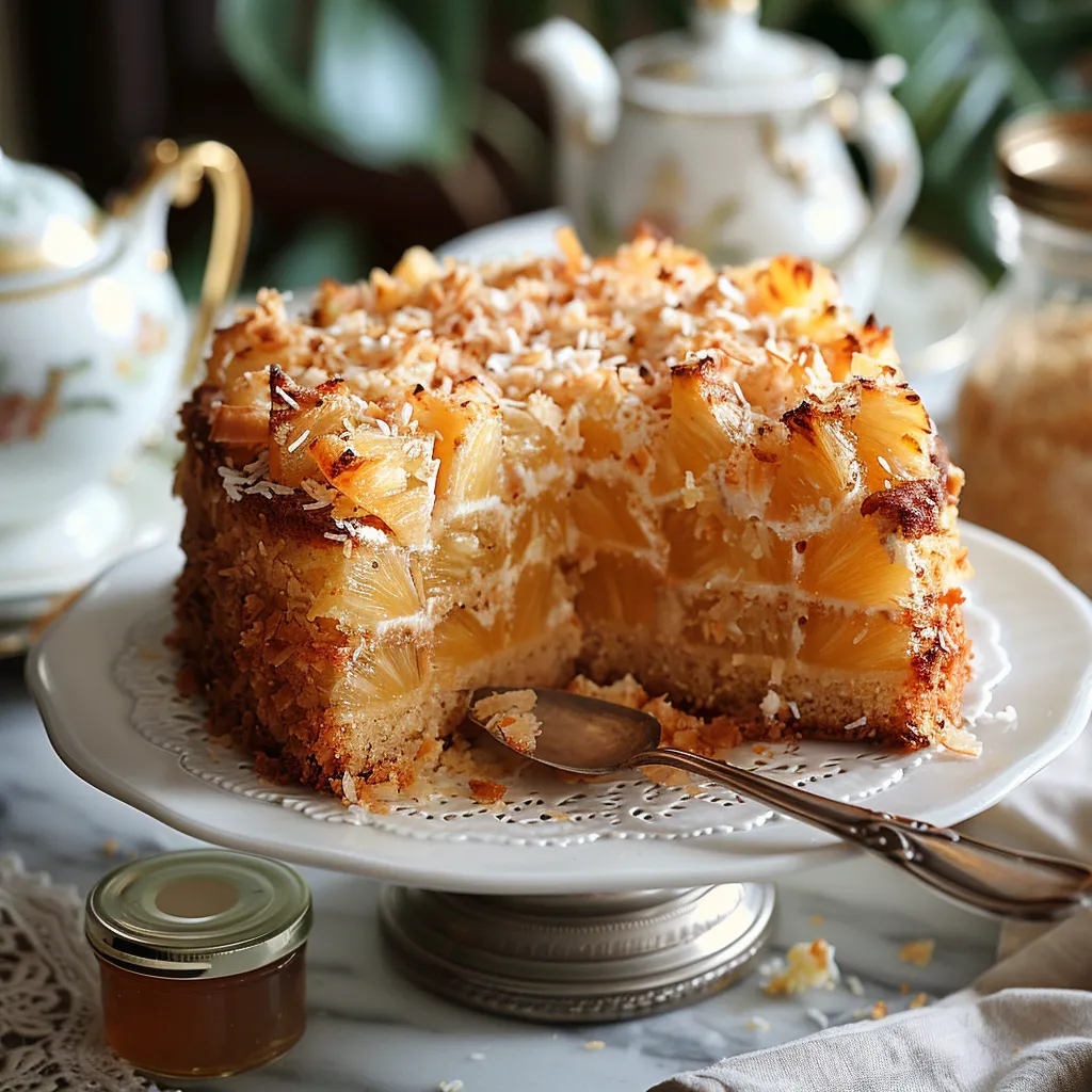 Gâteau moelleux à l'ananas, surmonté d'une garniture caramélisée à la noix de coco