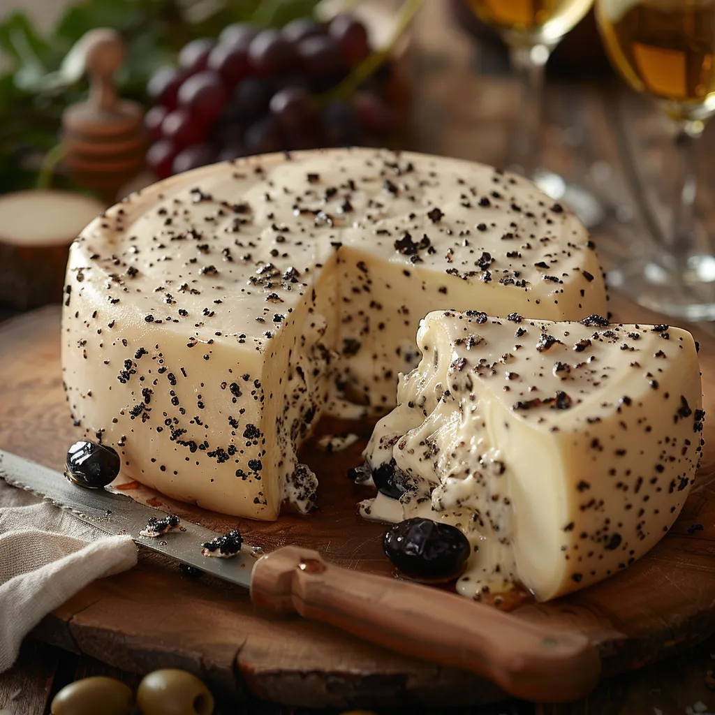 Brillat-Savarin farci à la pulpe d'olives, champignons et truffe d'été offre un apéritif sophistiqué