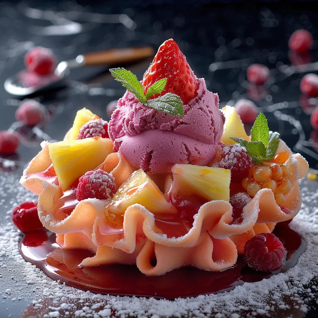 Recette de tulipe de fruits frais et sorbets, un dessert spectaculaire et coloré