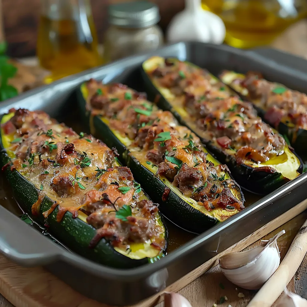 Courgettes farcies bœuf et lardons fumés