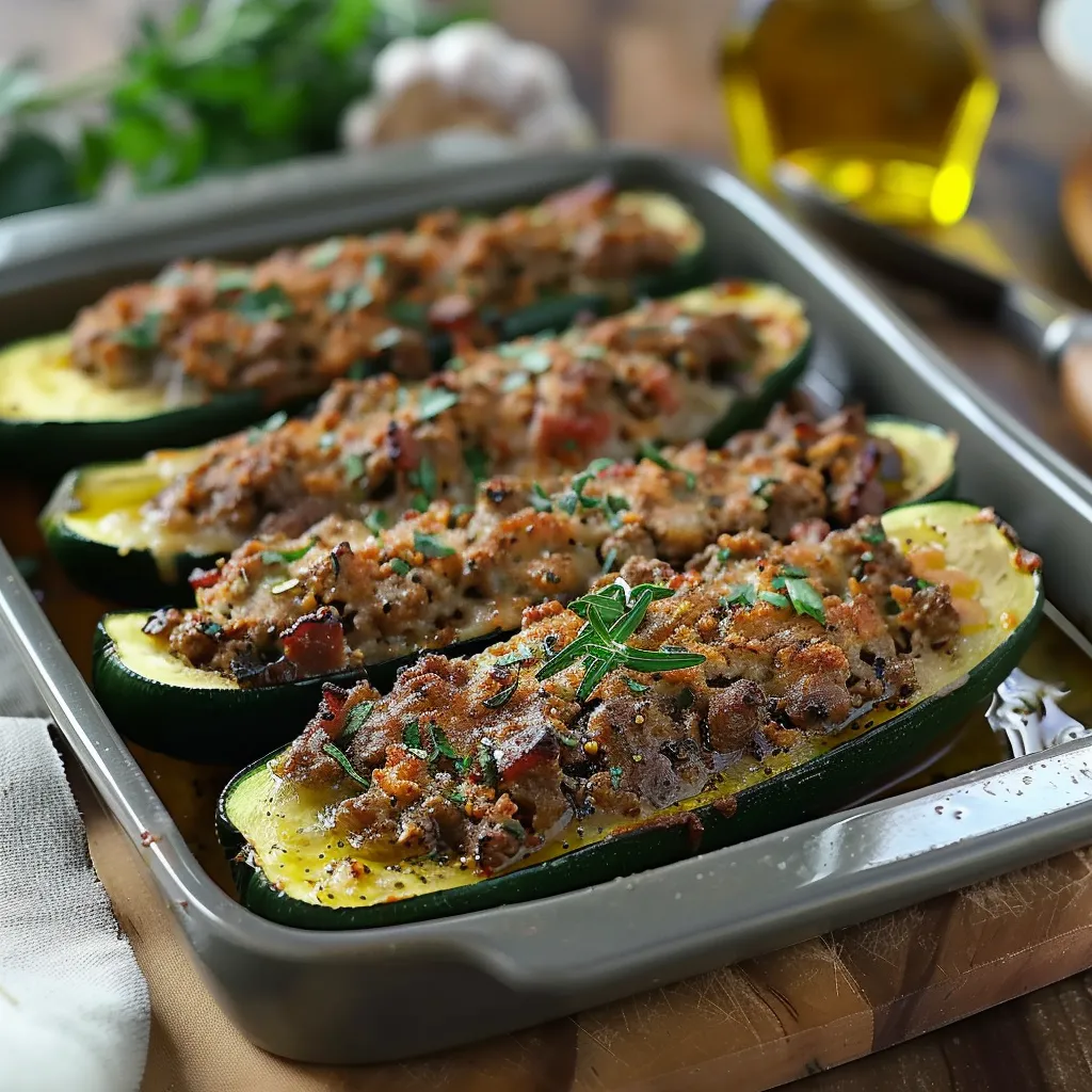 Courgettes farcies à la chair à saucisse et lardons fumés