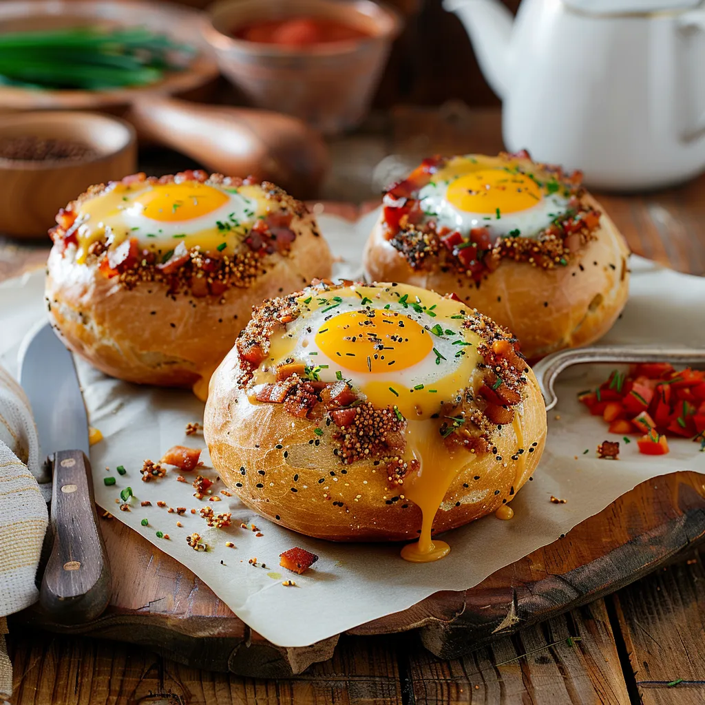 Oeufs cuits au four dans des bols en pain