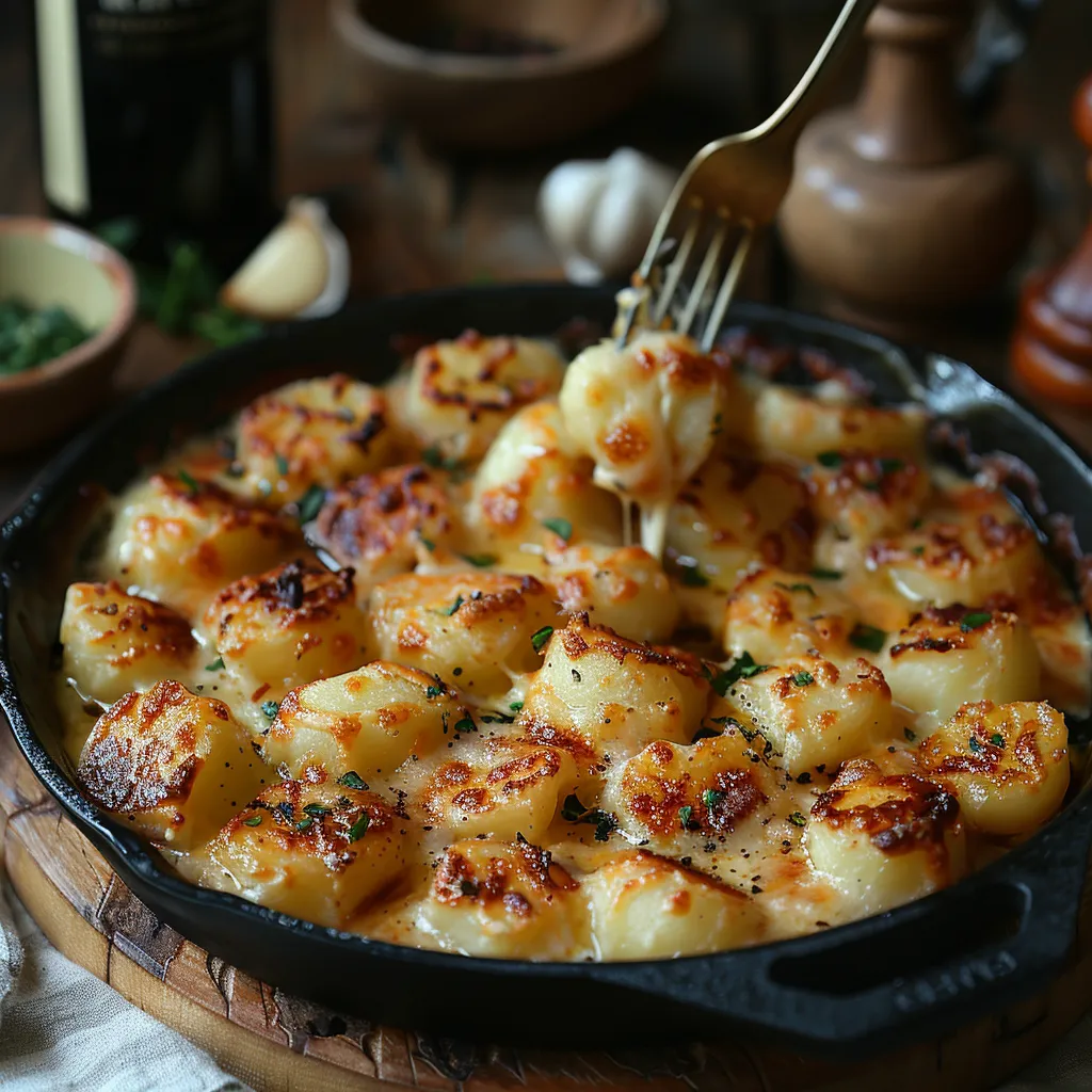 Plat traditionnel auvergnat avec pommes de terre dorées et tome fraîche de Cantal fondue