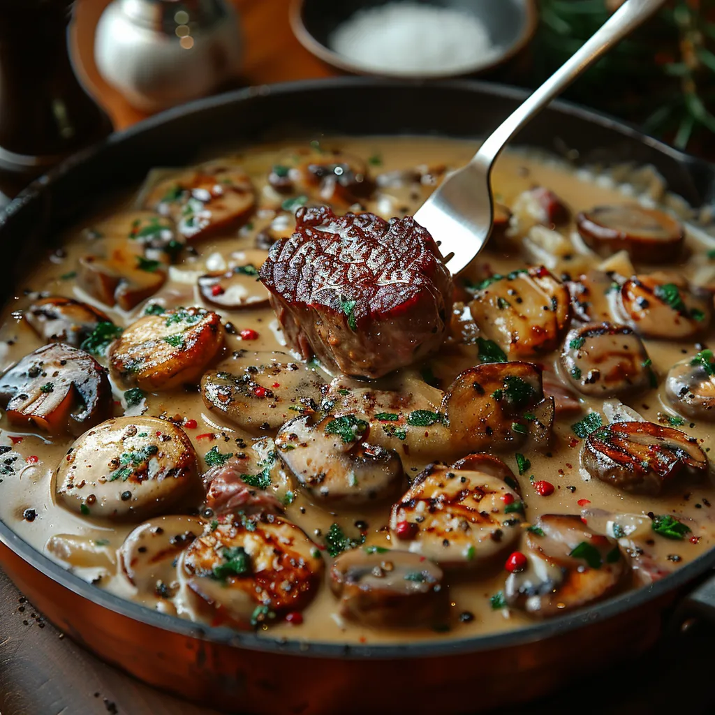 Bœuf stroganoff revisité par Alain Ducasse. Filet de bœuf tendre, champignons dorés et sauce crémeuse