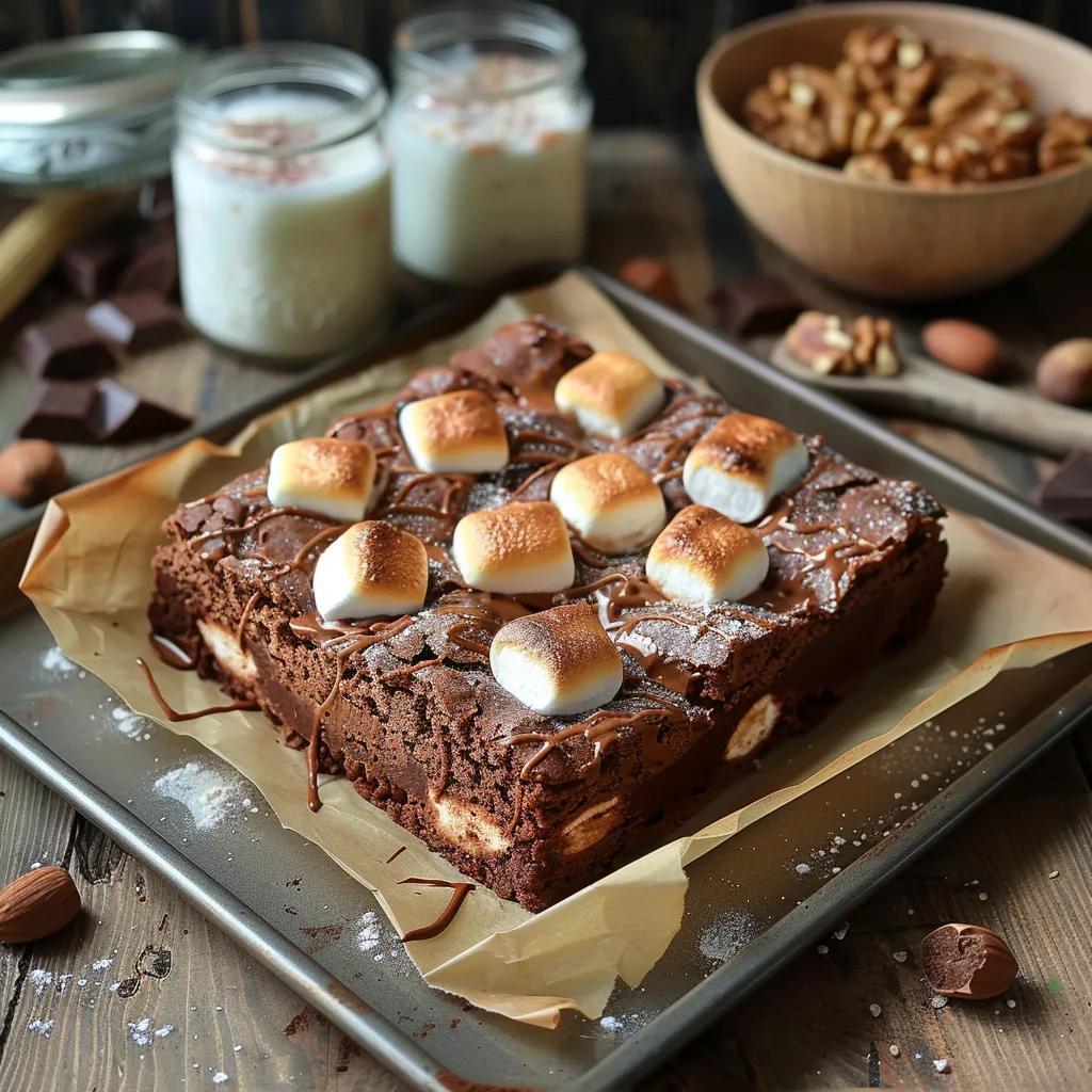 Brownie gourmand aux chamallows, parfait pour recycler vos bonbons.