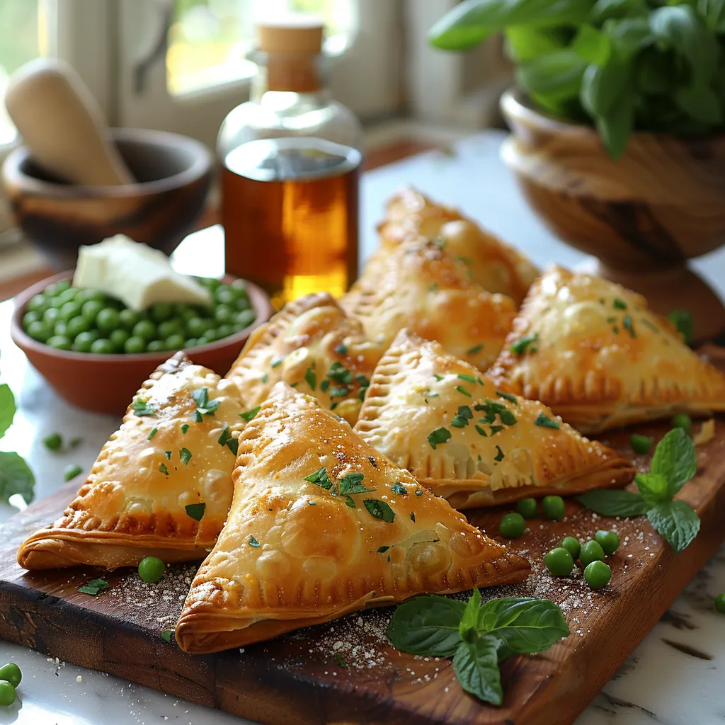 Délicieux samosas aux petits pois, feta et menthe fraîche. Des bouchées croustillantes parfaites