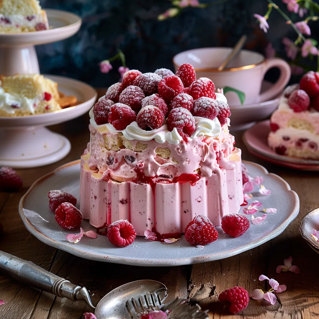 Charlotte inspirée de l'Ispahan de Pierre Hermé. Framboises, rose et litchis dans un dessert raffiné