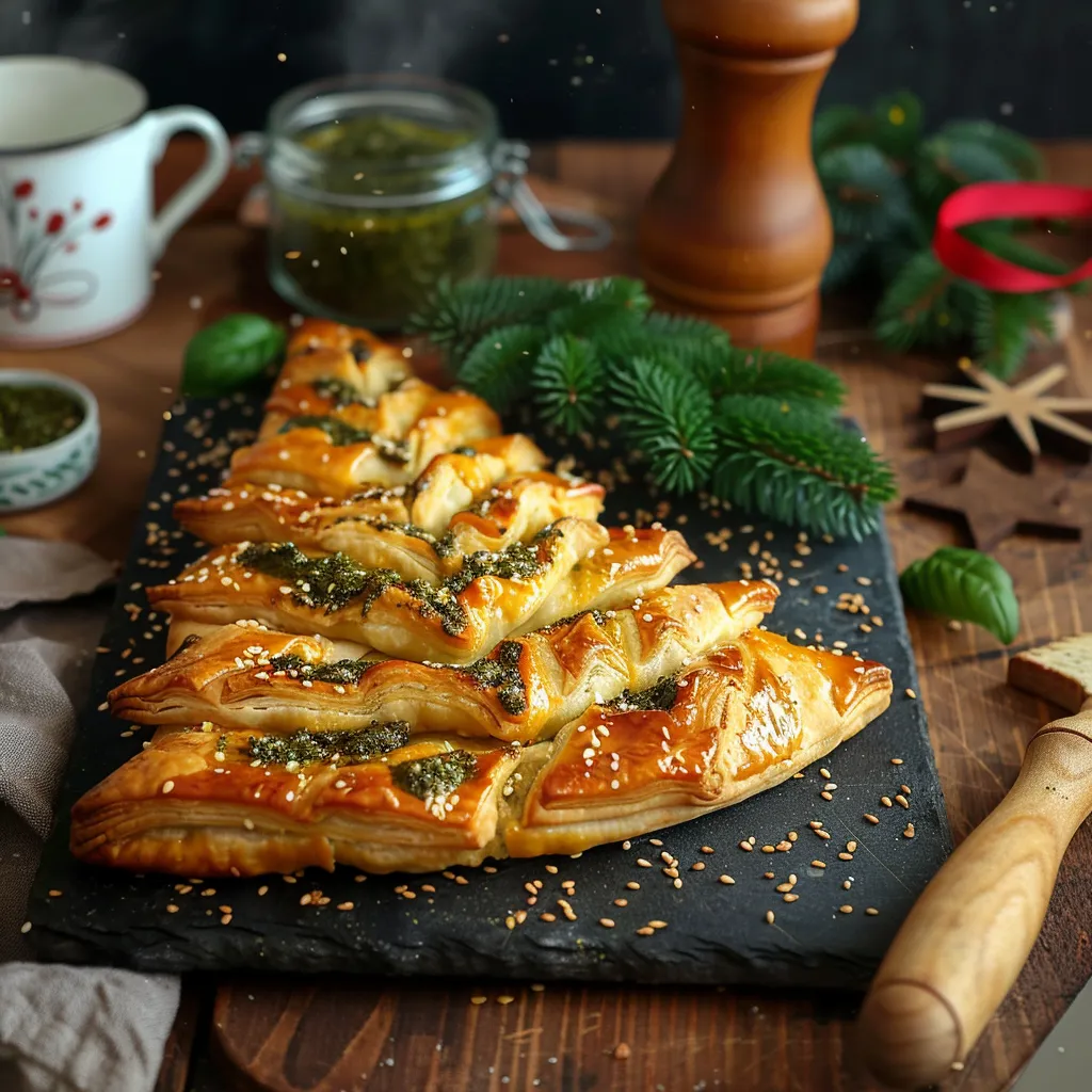 Sapin feuilleté au pesto vert pour un apéritif festif