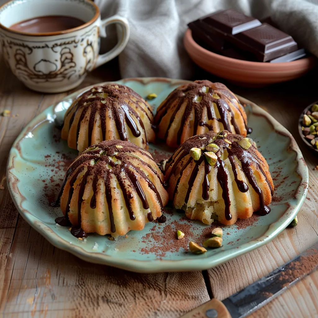 Délicieuses madeleines marbrées au chocolat et à la pistache. Moelleuses à l'intérieur