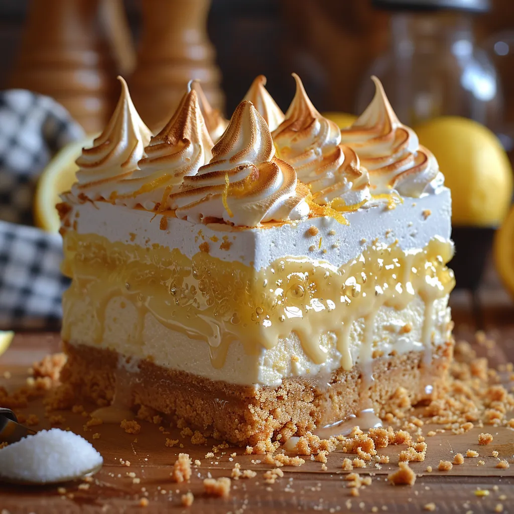 Cheesecake exceptionnel au triple citron avec lemon curd, garniture citronnée et meringue dorée.