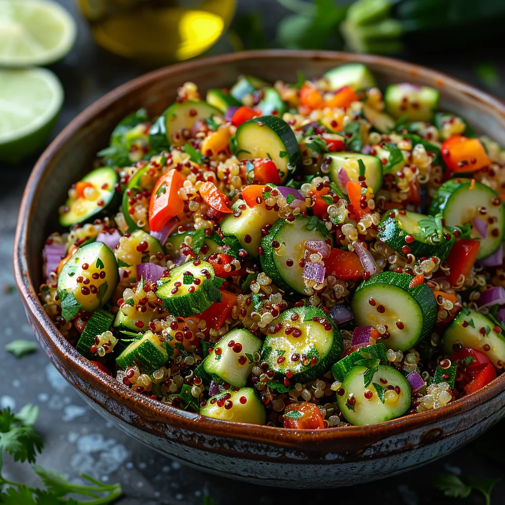 Salade fraîche et croquante de tagliatelles de courgettes crues et quinoa, avec vinaigrette coriandre-citron