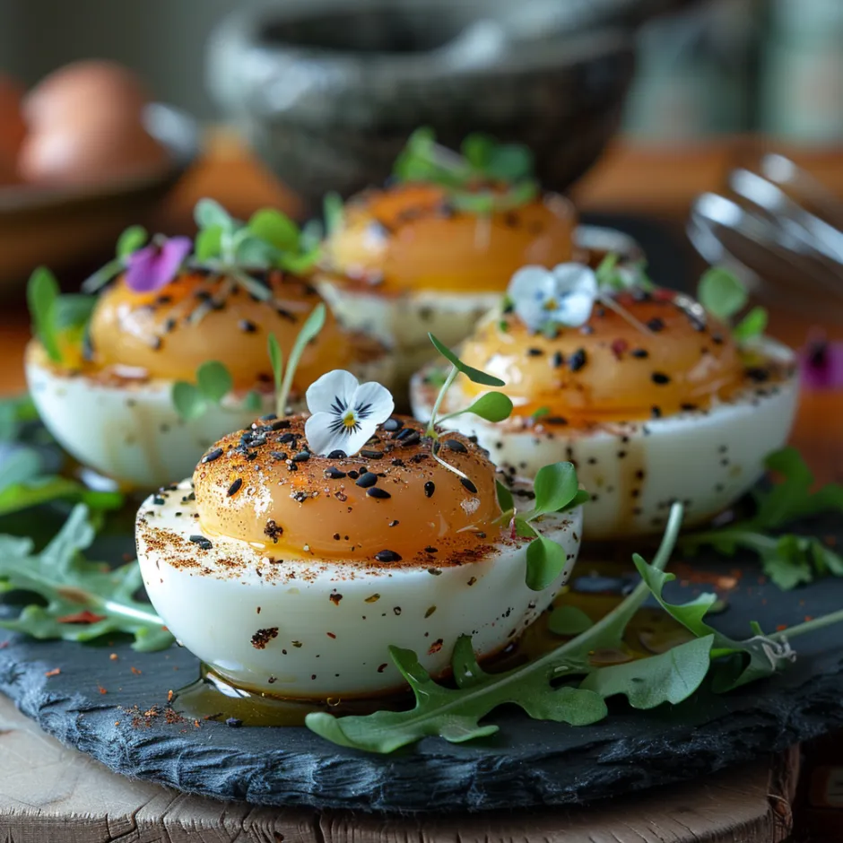 Oeuf mayo avec mayonnaise à l'ail noir, graines germées et fleurs comestibles