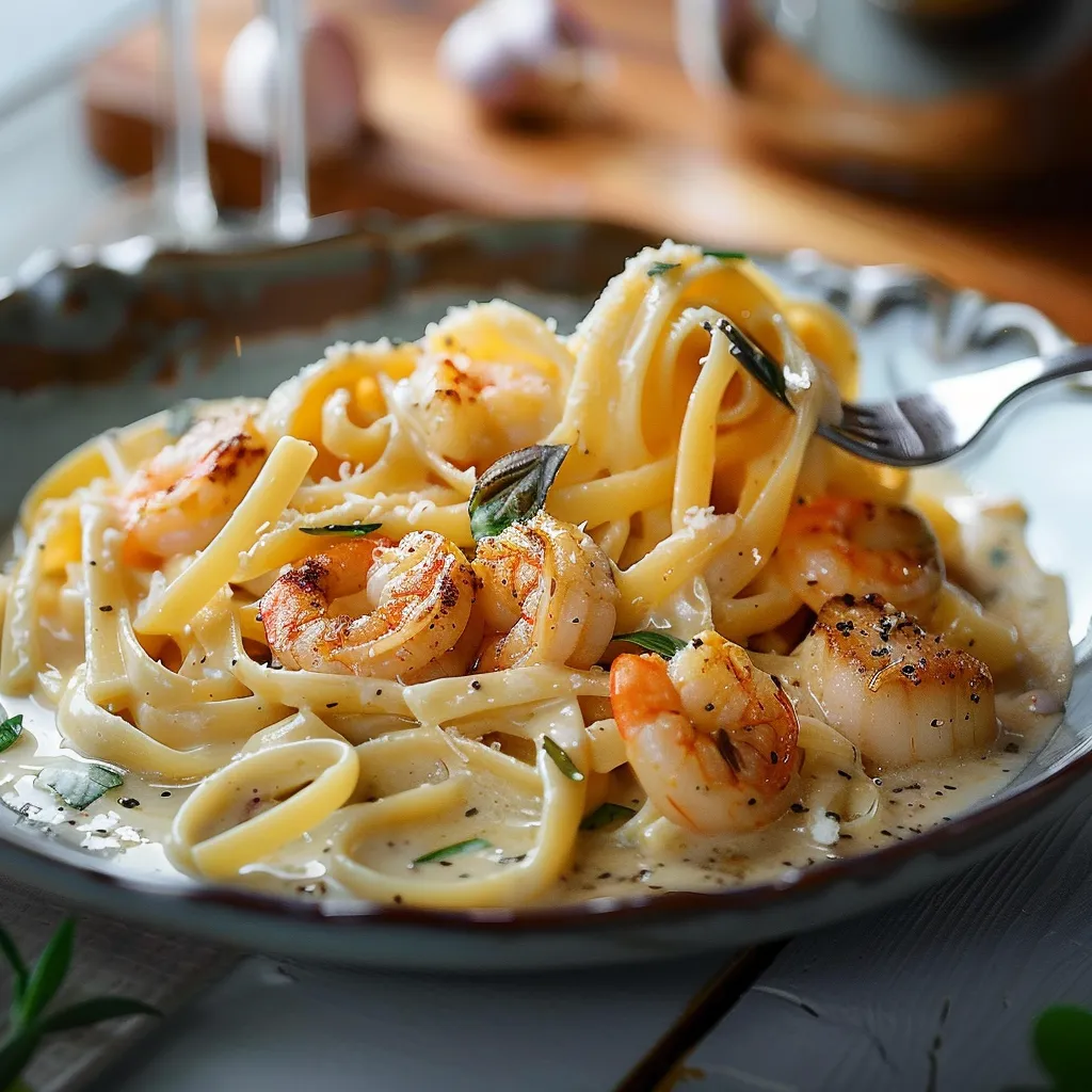 Délicieuses linguines aux fruits de mer avec crevettes, pétoncles et sauce crémeuse au parmesan