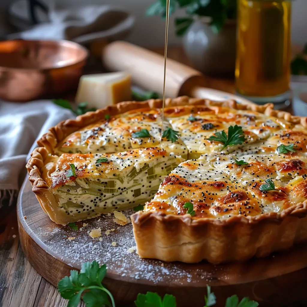 Quiche crémeuse aux poireaux fondants et Roquefort sur pâte brisée à l'huile d'olive et graines de pavot