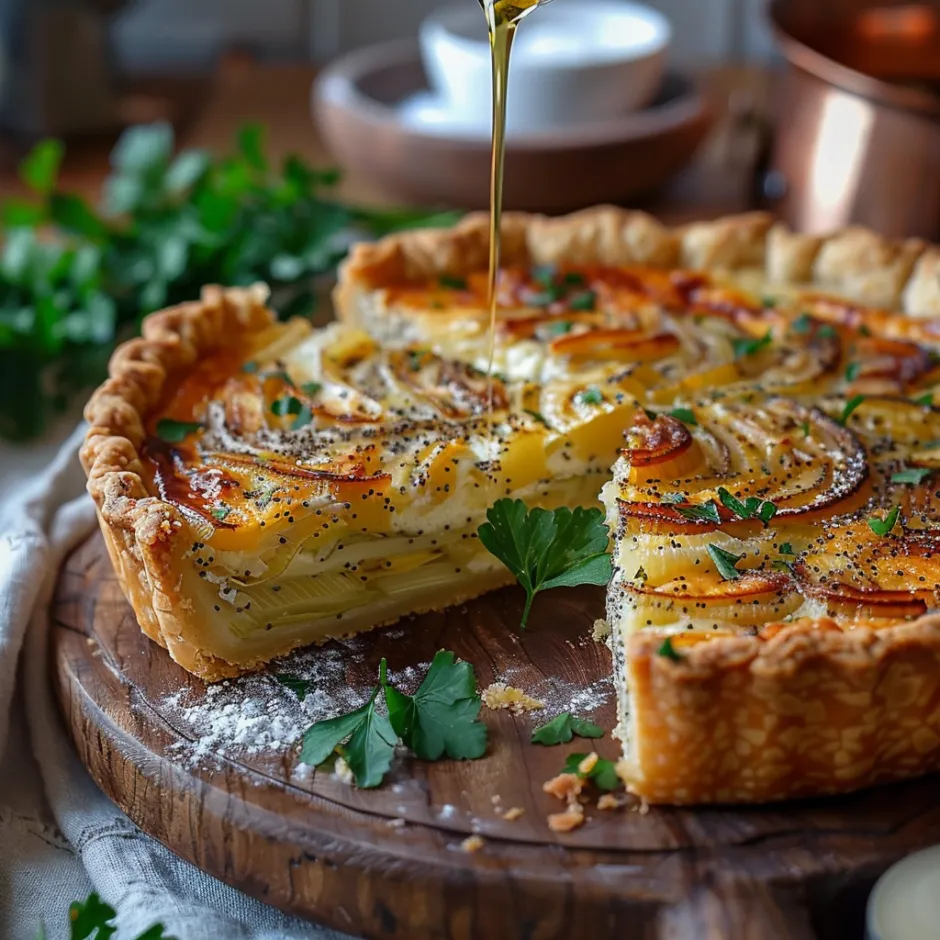 Quiche crémeuse aux poireaux fondants et Roquefort sur pâte brisée originale à l'huile d'olive