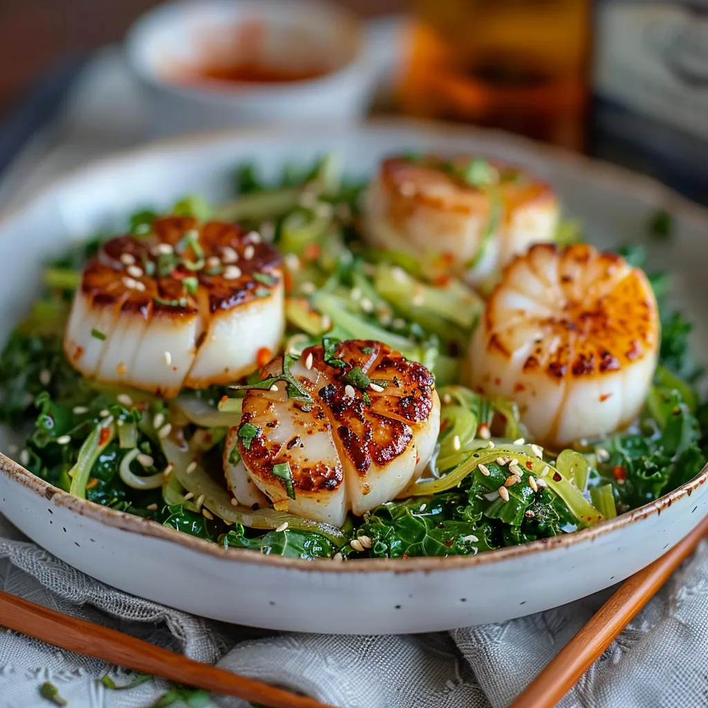 Recette Noix de Saint-Jacques à l'Asiatique - Salade de chou vert et sésame