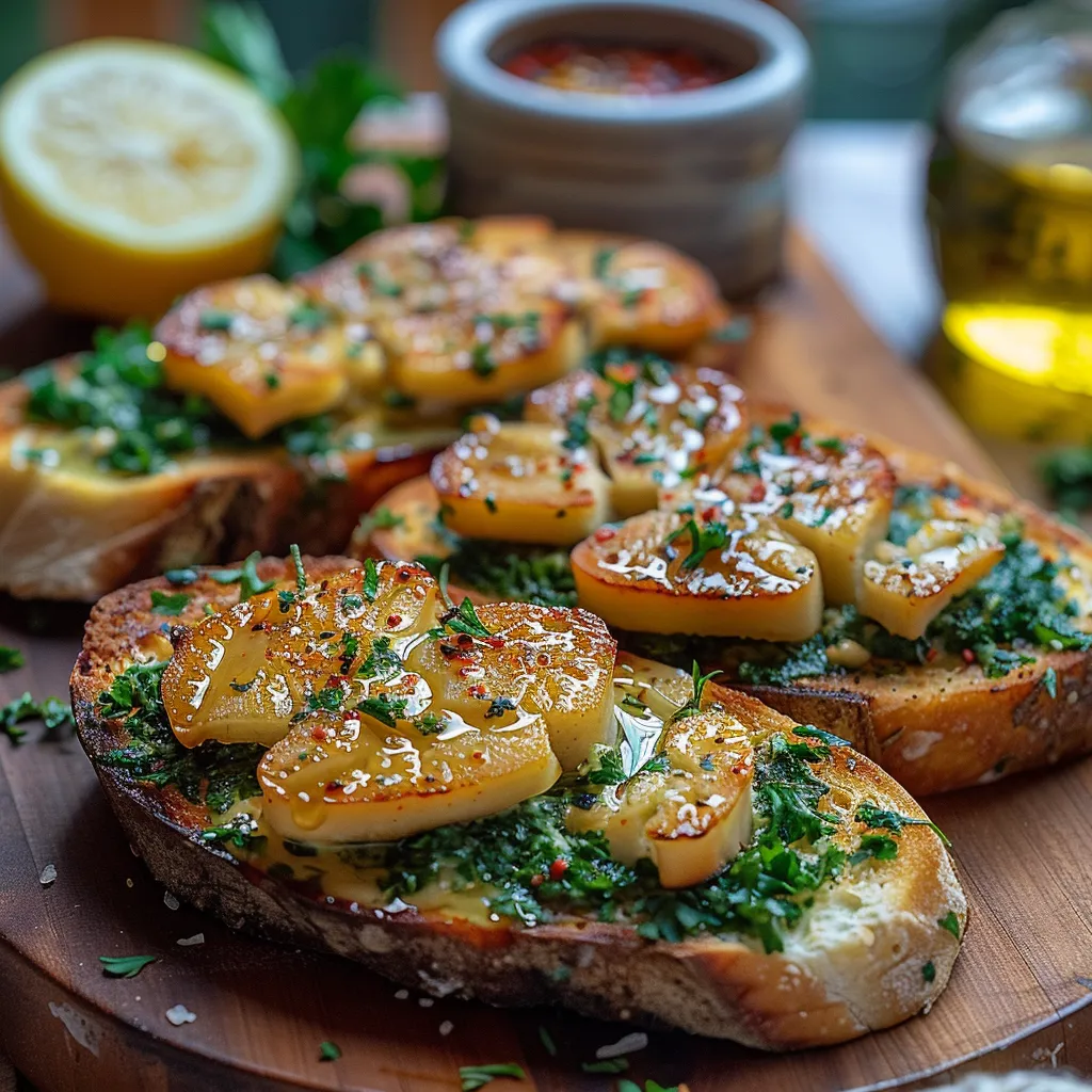 pain à l'ail et bonite façon garlic bread français. Toasts croustillants au beurre persillé et filets de bonit