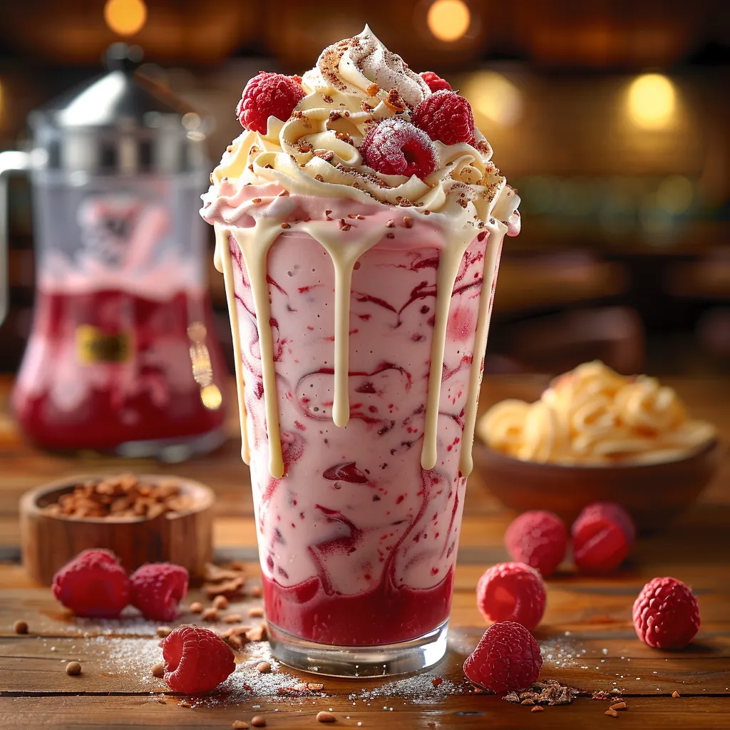 Délicieux milk-shake framboise et chocolat blanc avec coulis maison et chantilly