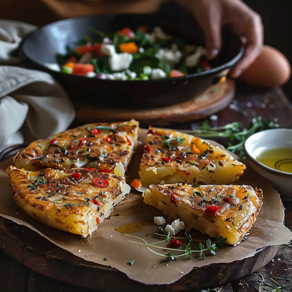 Tortilla espagnole aux pommes de terre, poivrons et fromage. Tapas traditionnel parfait pour brunch