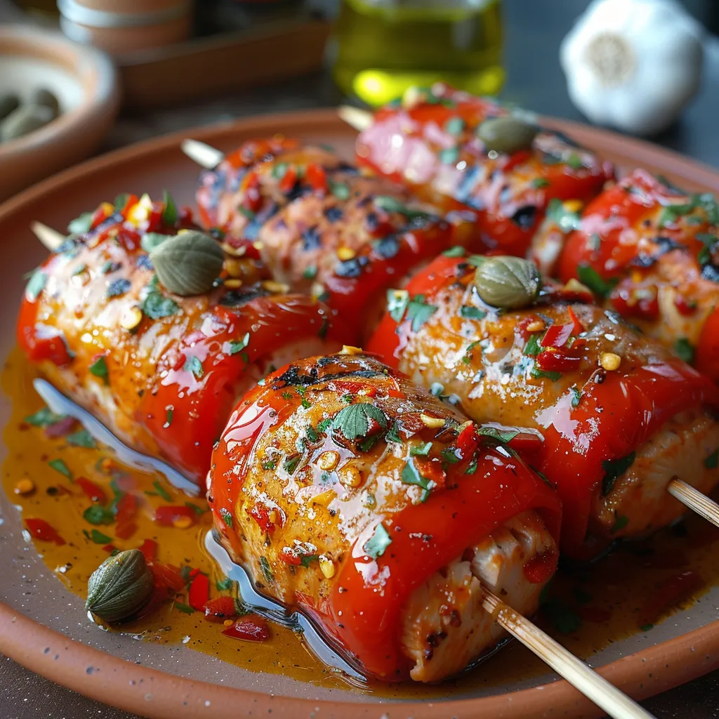 Roulés de poivrons grillés farcis au thon et câpres, marinés dans une vinaigrette parfumée