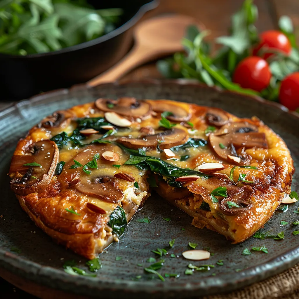 Savoureuse omelette espagnole aux épinards et champignons. Recette facile et nutritive