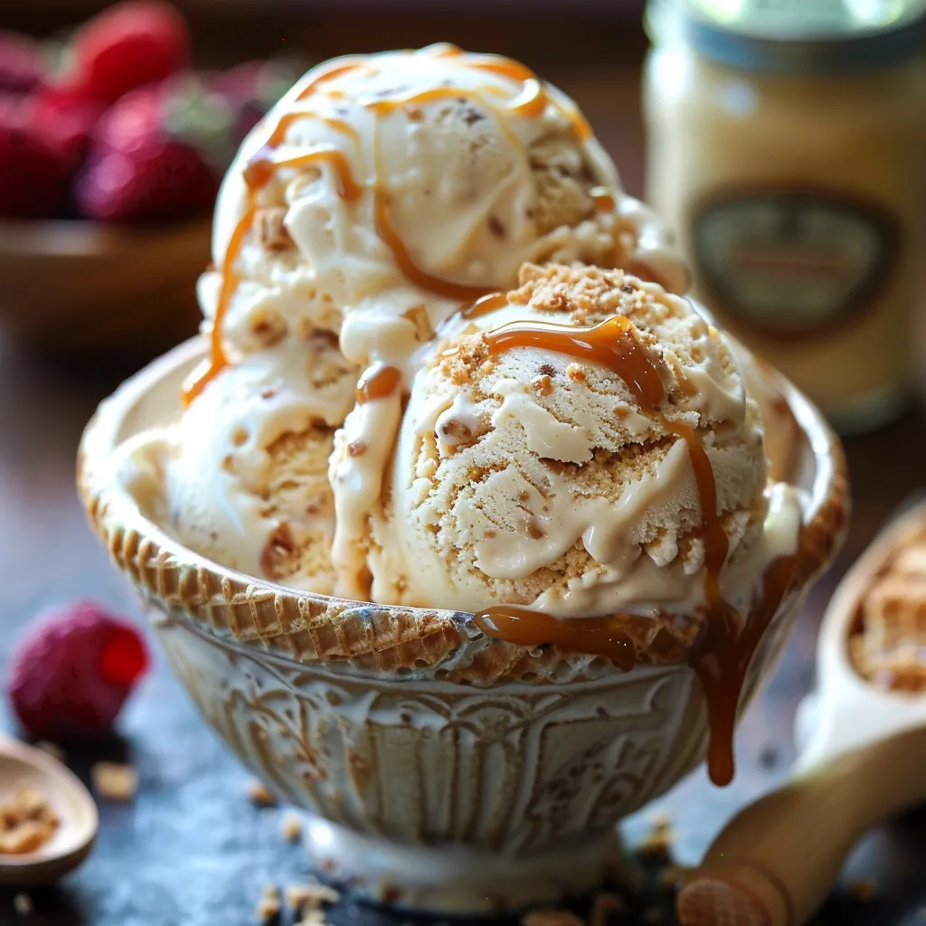 Glace au caramel maison sans sorbetière ni œufs. Recette crémeuse et facile avec morceaux de caramel