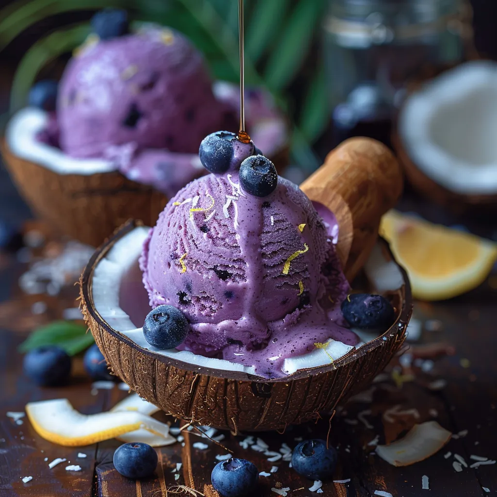 Délicieuse glace aux myrtilles et noix de coco sans sorbetière. Recette vegan, sans lactose