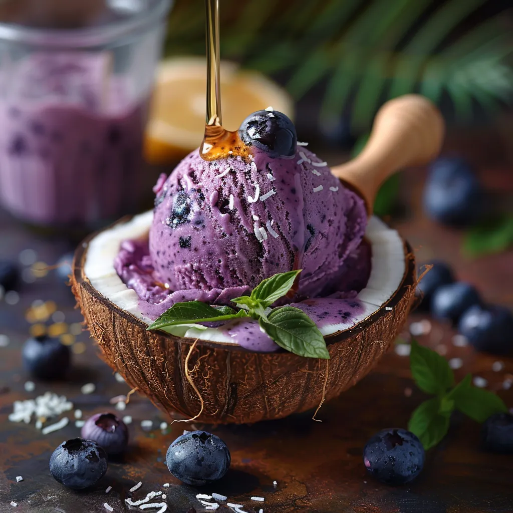 Glace vegan aux myrtilles et lait de coco, sans sorbetière. Dessert fruité et crémeux,