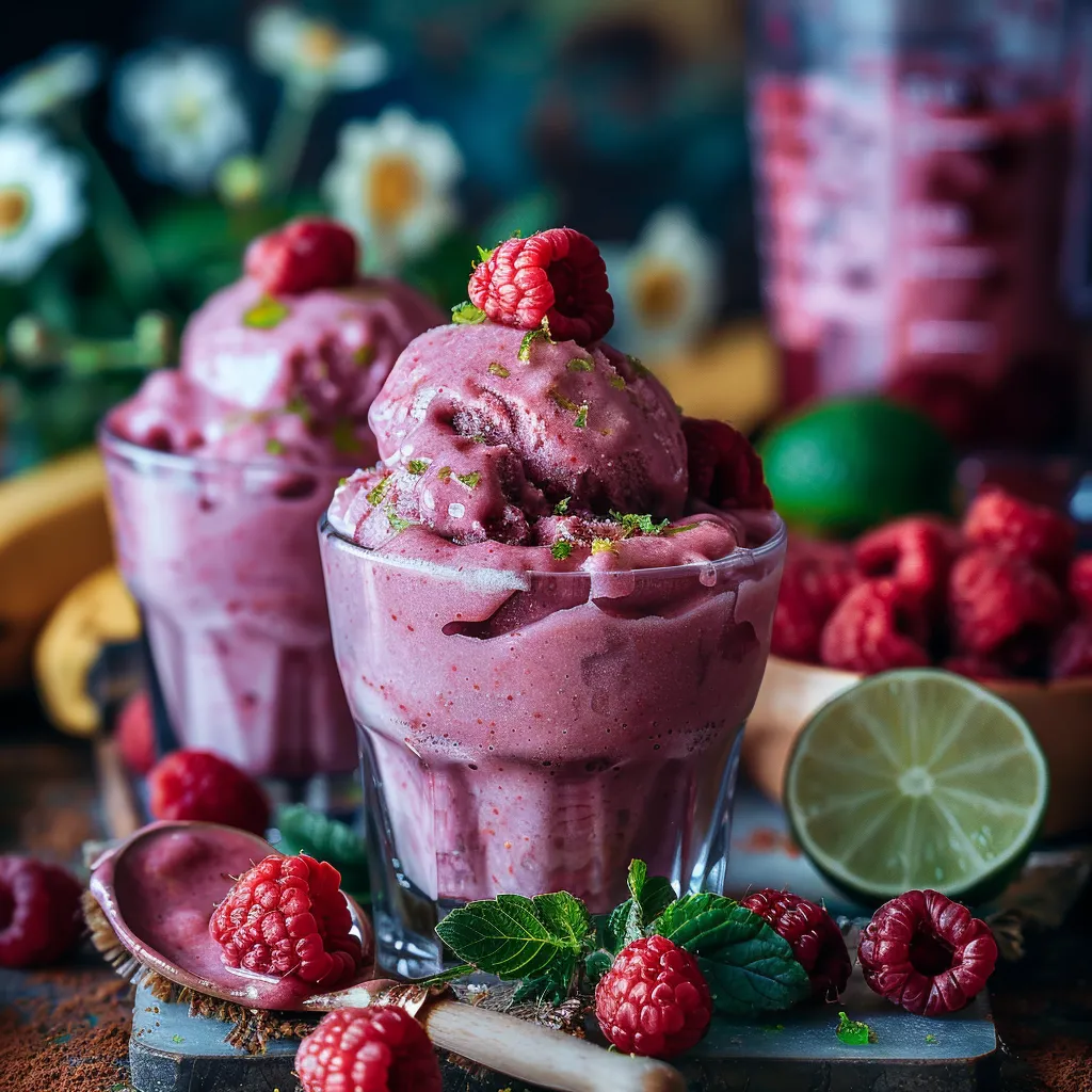 Sorbet maison express aux framboises et banane. Recette saine sans sucre