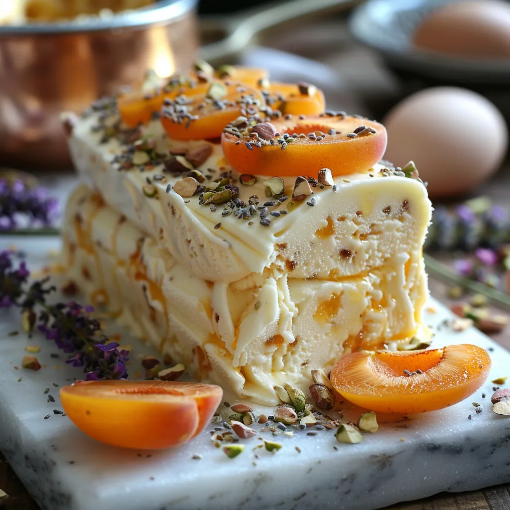 Semifreddo italien aux abricots et pistache. Dessert glacé raffiné entre mousse et glace