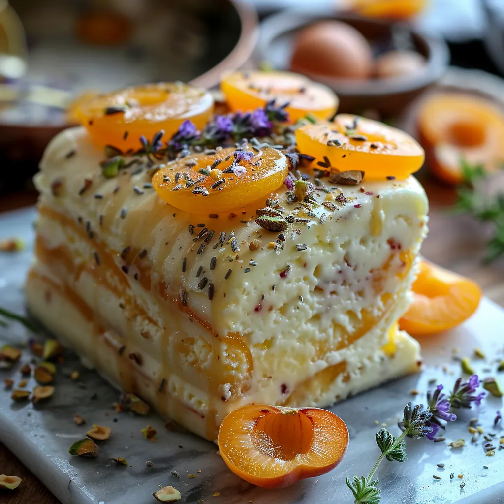 Semifreddo italien aux abricots et pistache. Dessert glacé avec sabayon, chantilly et garniture d'abricot