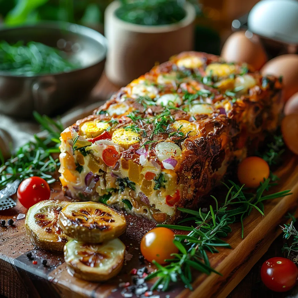 Terrine de légumes aux œufs avec macédoine, gruyère et aneth. Plat complet facile