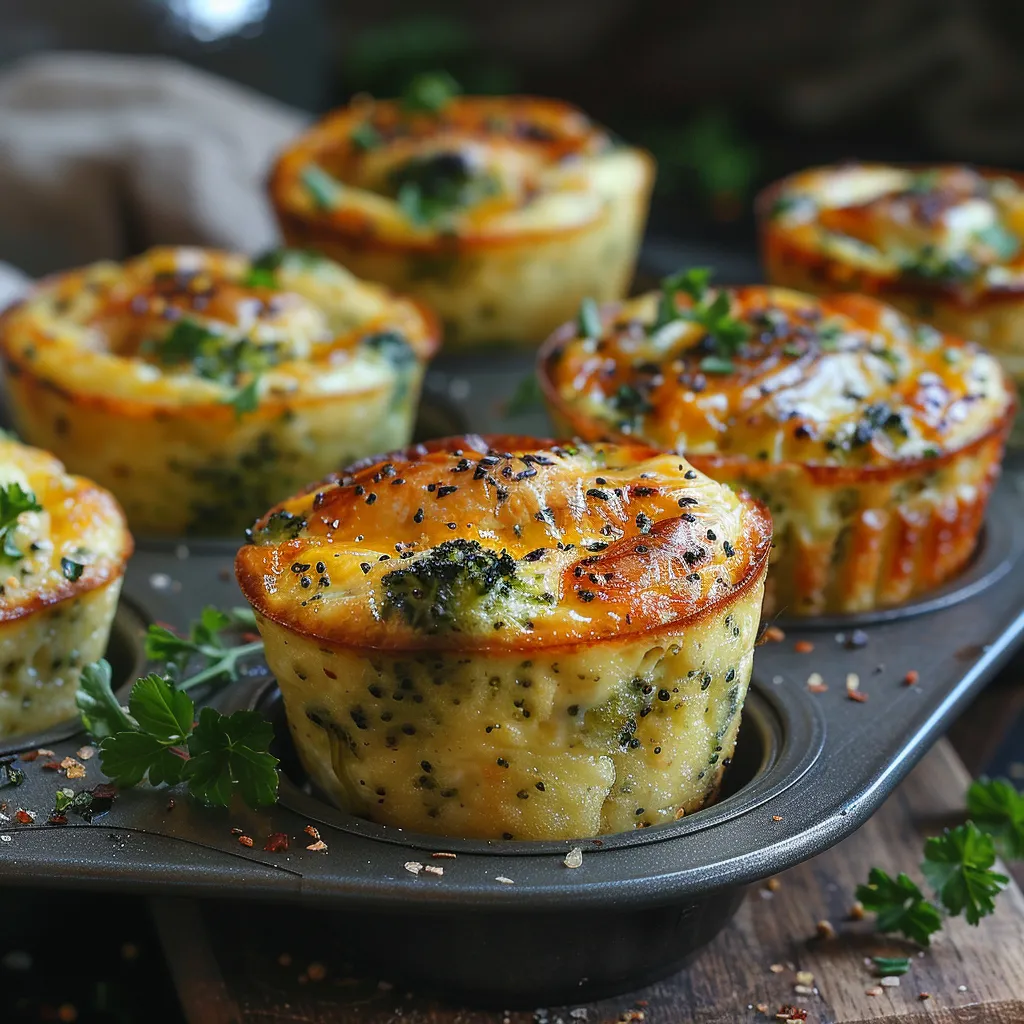 Mini-quiches sans pâte au brocoli et cheddar. Recette express avec 4 ingrédients