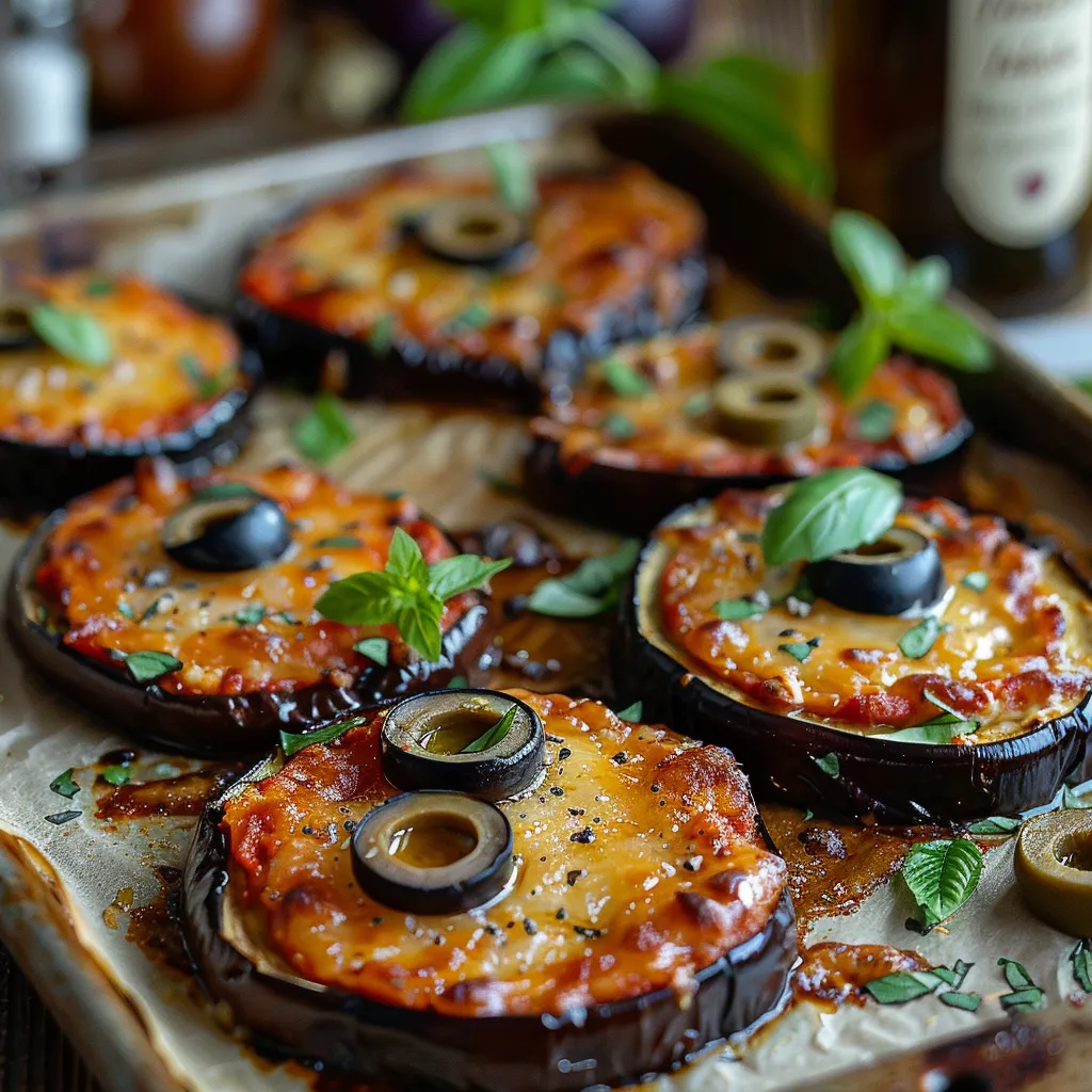 Pizza d'aubergine sans pâte avec mozzarella et herbes italiennes