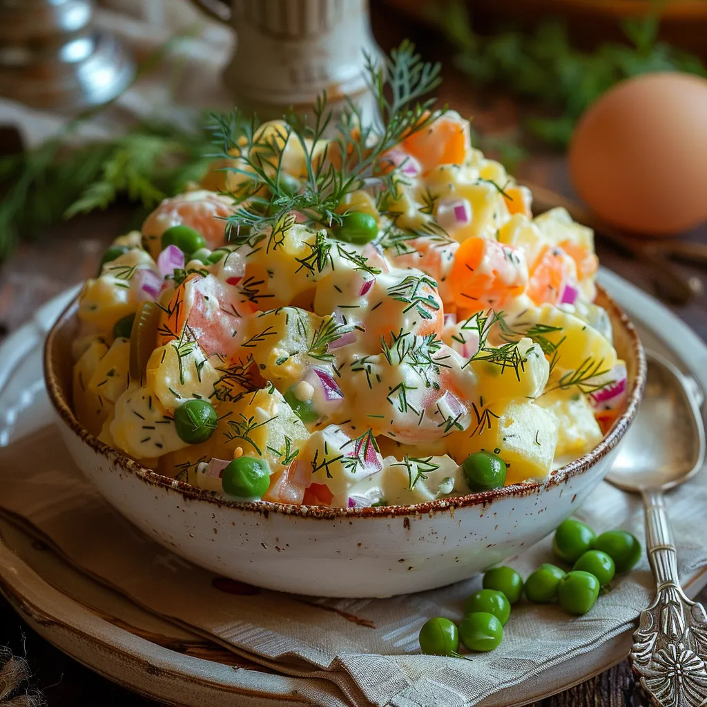 Salade russe Olivier traditionnelle aux pommes de terre, carottes, œufs et petits pois