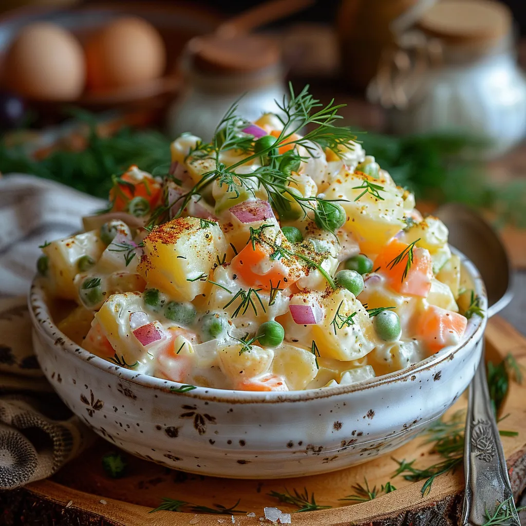 Recette de salade russe Olivier aux pommes de terre et œufs. Entrée traditionnelle crémeuse