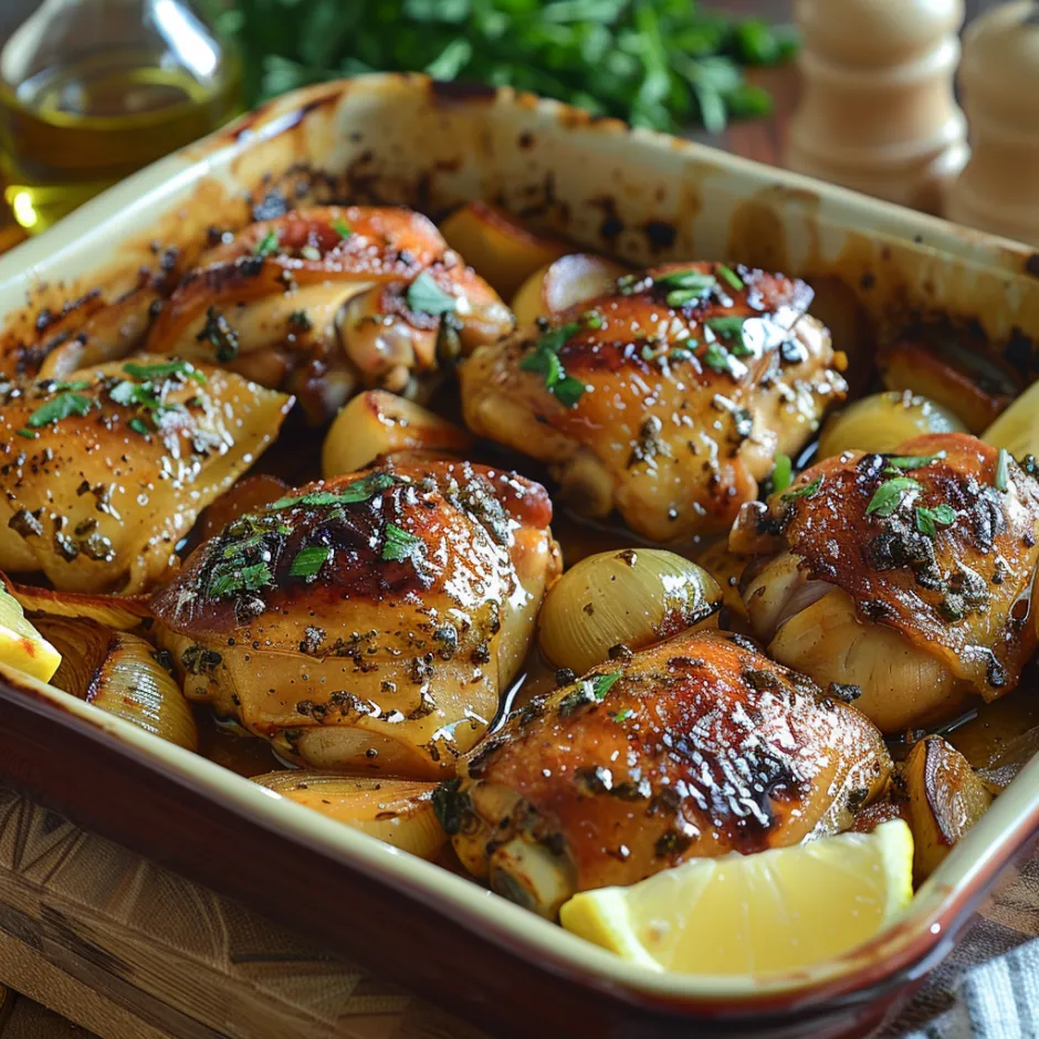 Cuisses de poulet rôties au four avec miel, coriandre et oignons caramélisés.