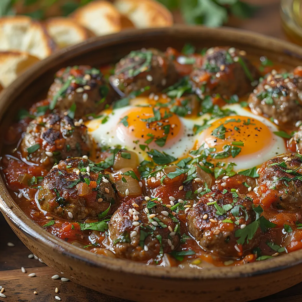 Tajine kefta aux œufs marocain. Boulettes de viande épicées en sauce tomate, œufs pochés