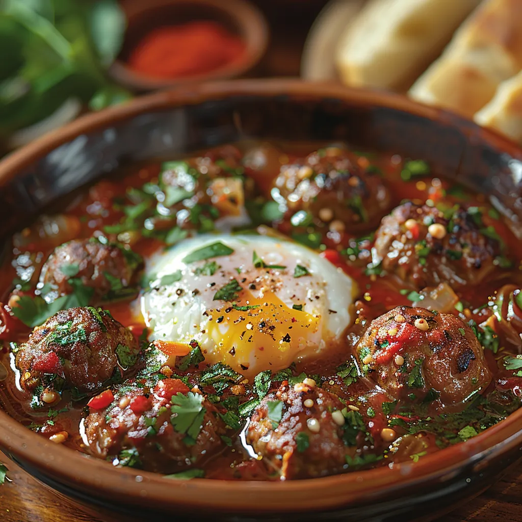 Tajine kefta aux œufs, classique marocain. Boulettes de viande épicées, sauce tomate parfumée, œufs pochés