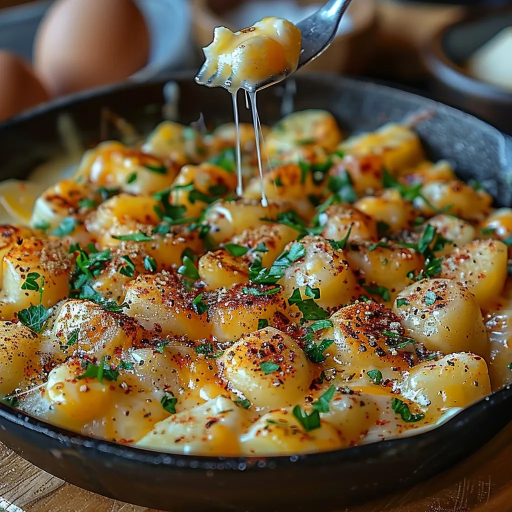 Oeufs brouillés crémeux aux pommes de terre dorées et fromage fondu