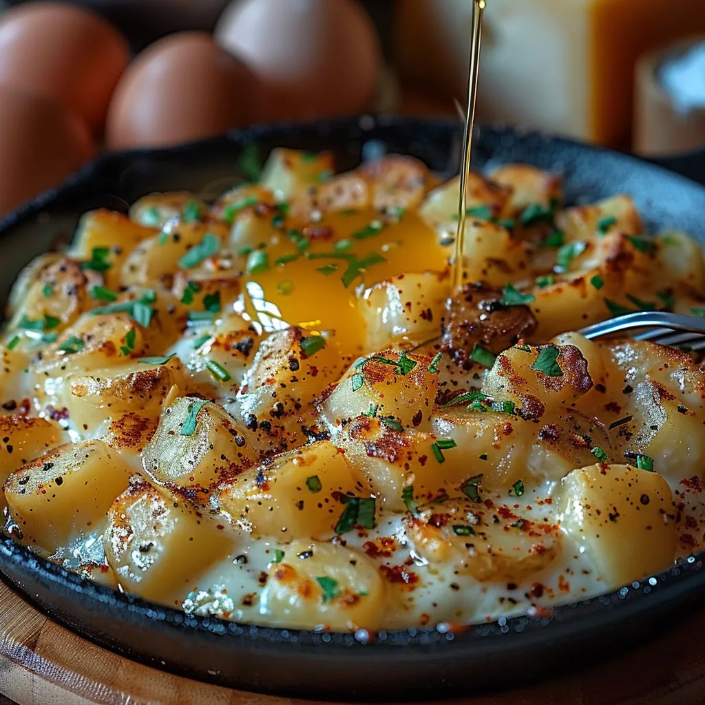 Œufs brouillés crémeux aux pommes de terre dorées et fromage