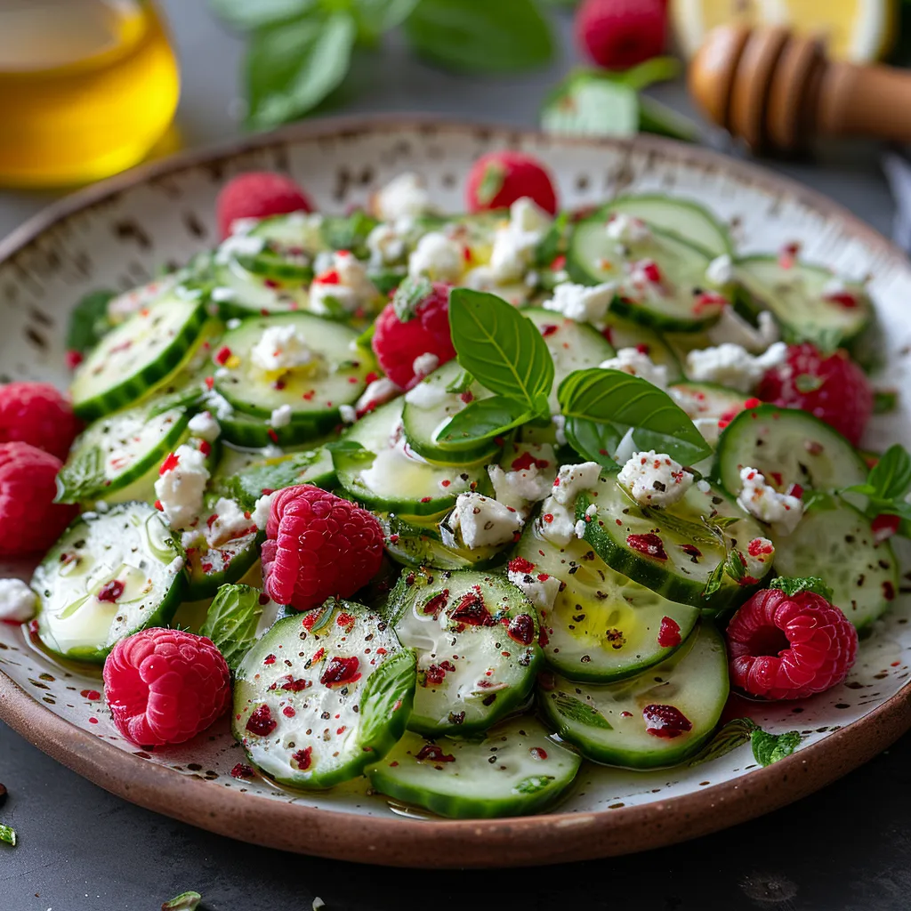 Salade d'été rafraîchissante aux framboises, concombre et feta. Vinaigrette miel-agrumes