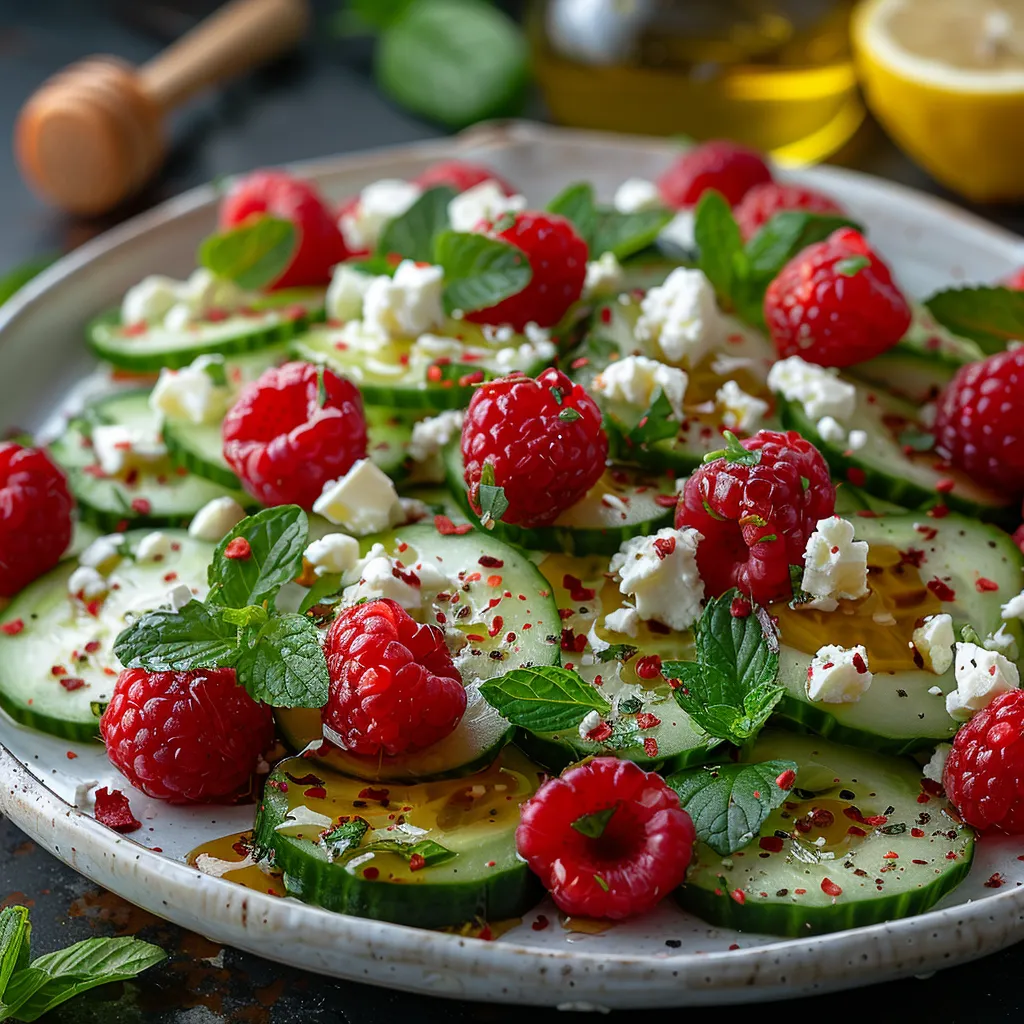 Salade d'été aux framboises fraîches, concombre croquant et feta. Vinaigrette miel-agrumes