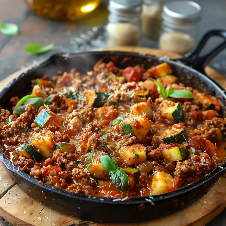 Courgettes bolognaise fondantes à la viande hachée et épices. Alternative saine et rapide