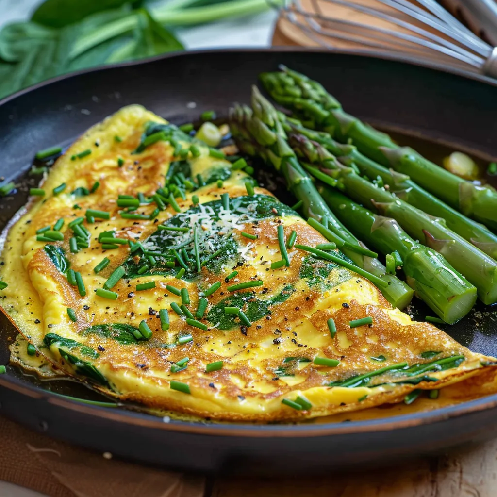 Omelette printanière aux asperges, épinards et parmesan. Recette fraîche et crémeuse