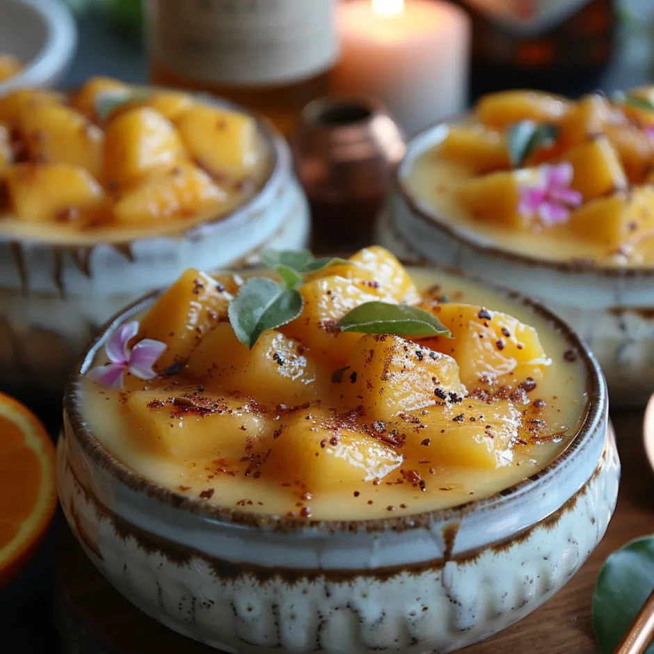 Gratin de mangue au sabayon parfumé aux épices douces. Dessert tropical sophistiqué