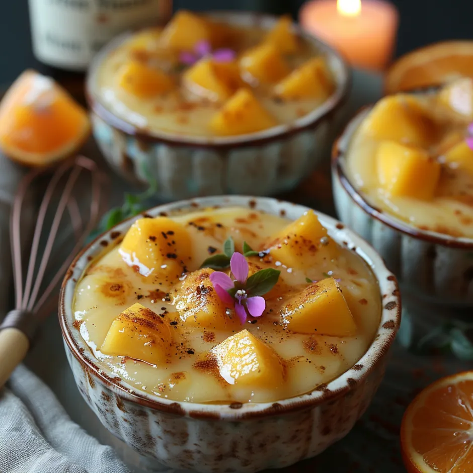 Gratin de mangue au sabayon parfumé, rhum et épices douces.