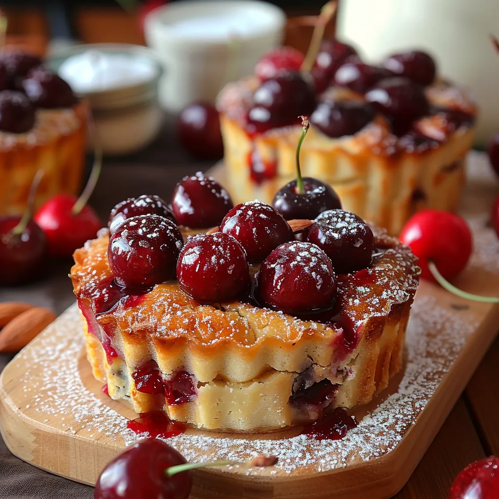 Clafoutis individuels aux cerises et lait d'amande. Version sans lactose du dessert traditionnel