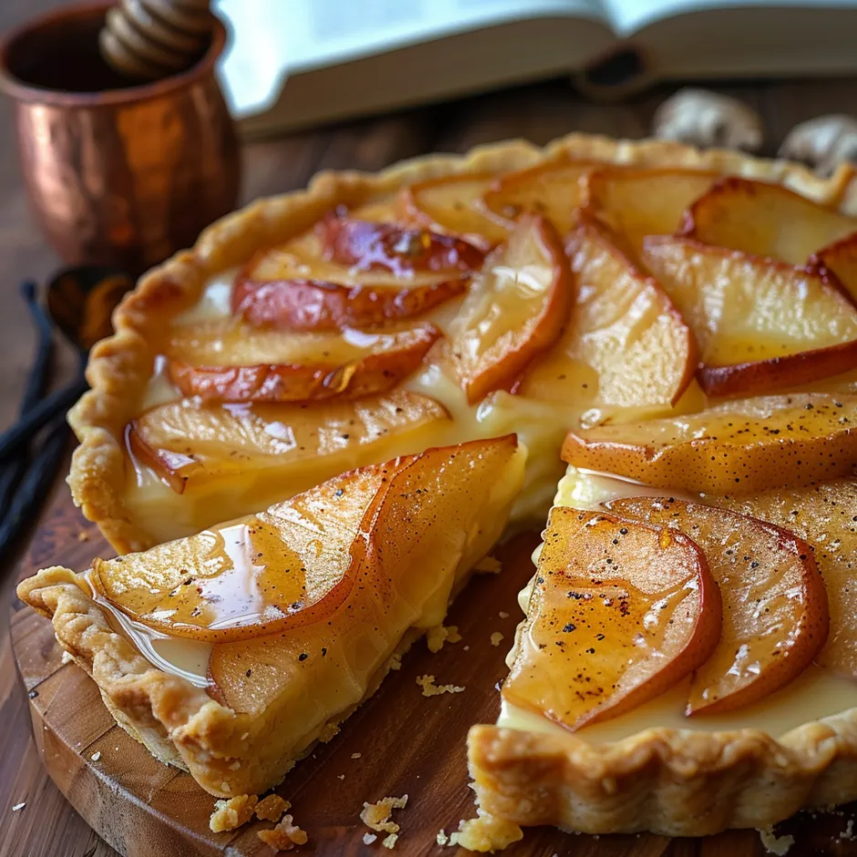 Tarte aux poires pochées au gingembre et vanille